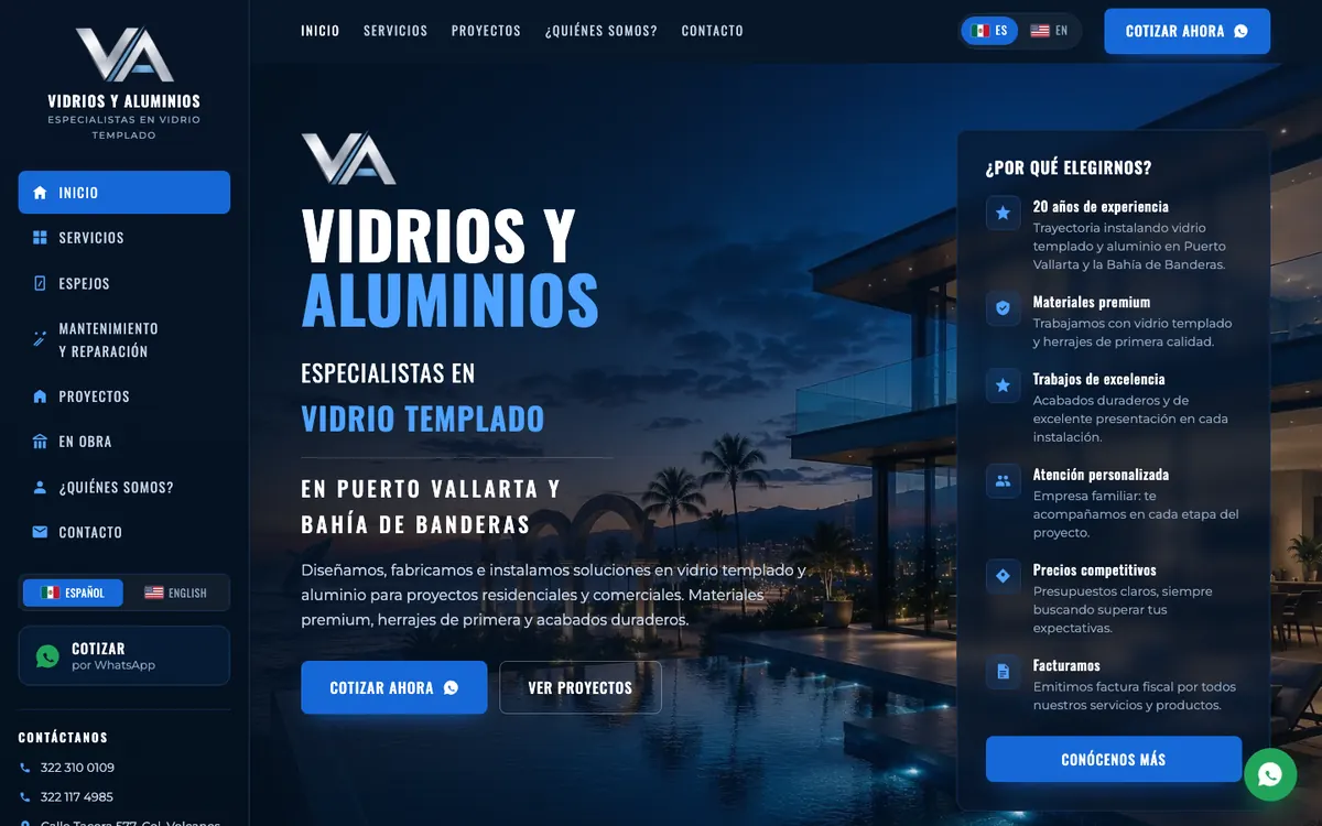 Página de inicio de Vidrios y Aluminios VA en computadora