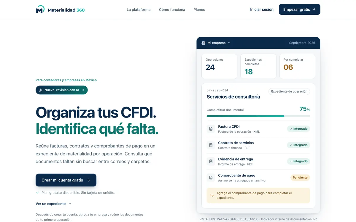 Página de inicio de Materialidad 360 en computadora