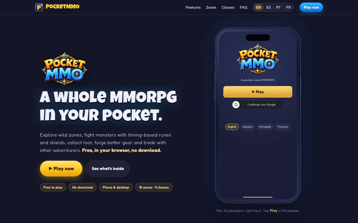 Página de inicio de PocketMMO en computadora