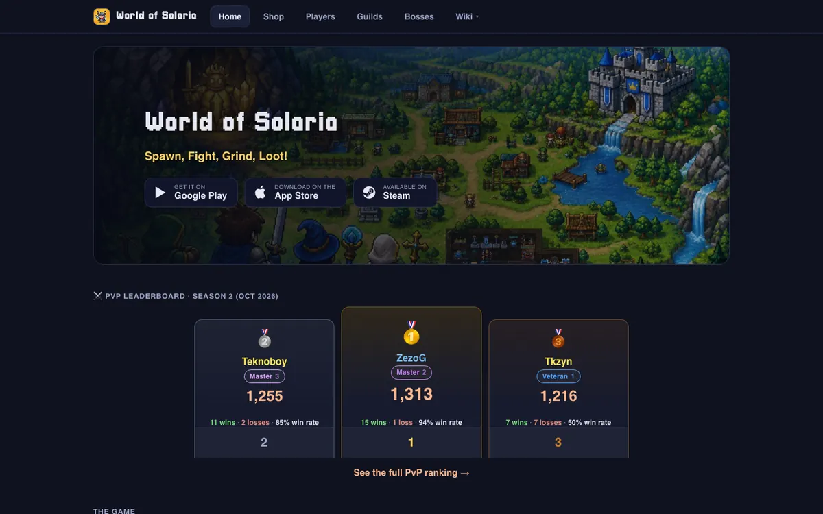 Página de inicio de World of Solaria en computadora